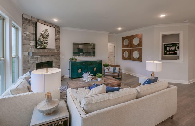 living room featuring crown molding, a fireplace, and wood-type flooring