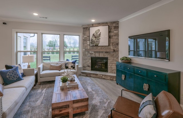 living room with light hardwood / wood-style floors, ornamental molding, and a fireplace