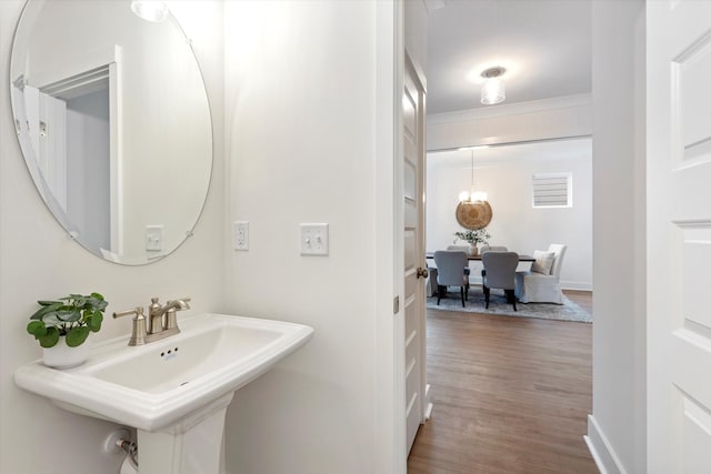 bathroom with a sink, baseboards, and wood finished floors