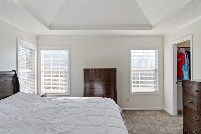 bedroom featuring a raised ceiling, a walk in closet, light carpet, and a closet