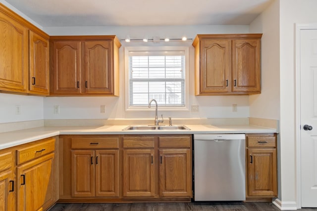 kitchen featuring dark hardwood / wood-style floors, stainless steel dishwasher, and sink