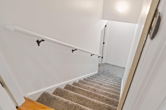 stairs featuring carpet flooring