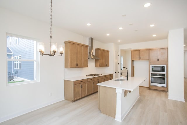 kitchen featuring a kitchen island with sink, wall chimney range hood, sink, light hardwood / wood-style floors, and stainless steel appliances