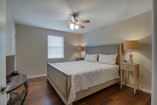 bedroom featuring ceiling fan and dark hardwood / wood-style flooring