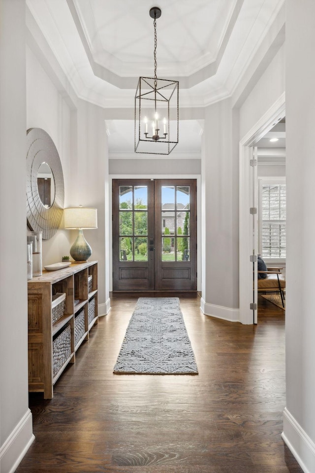 foyer with a tray ceiling, dark hardwood / wood-style flooring, and ornamental molding