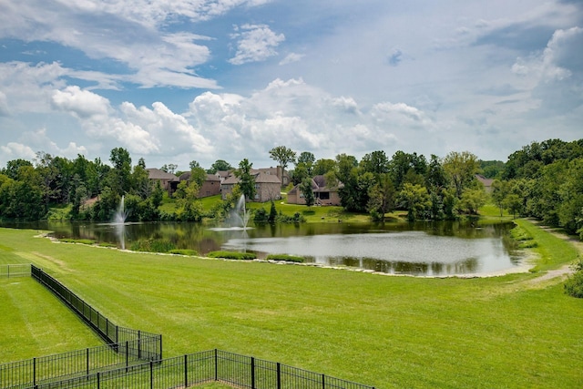 view of community with a yard and a water view