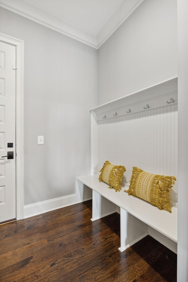 mudroom featuring dark hardwood / wood-style floors and ornamental molding