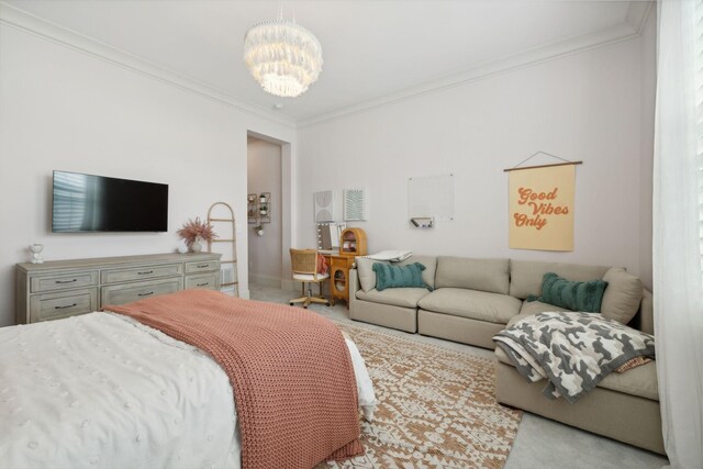 bedroom featuring crown molding and a notable chandelier