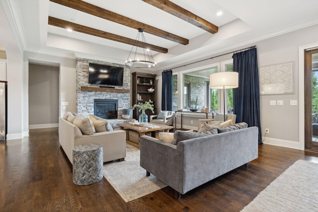 living room with beamed ceiling, a fireplace, and dark wood-type flooring