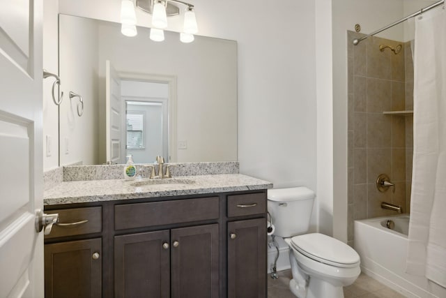 full bathroom with shower / bathtub combination with curtain, tile patterned flooring, vanity, and toilet