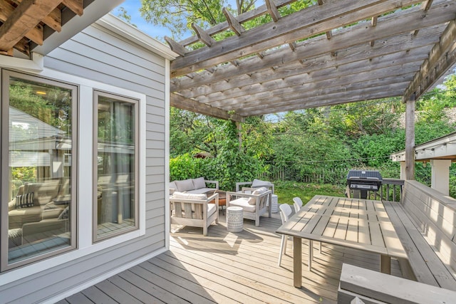 wooden deck featuring an outdoor living space, a pergola, and a grill