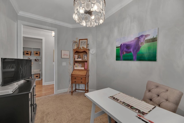 office featuring crown molding, light colored carpet, and a notable chandelier