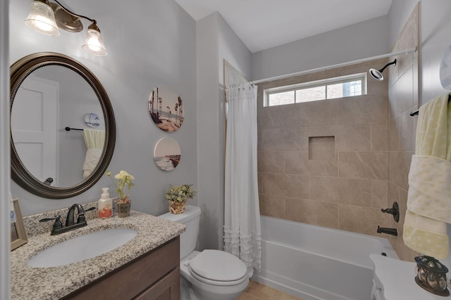 full bathroom with shower / bathtub combination with curtain, vanity, and toilet