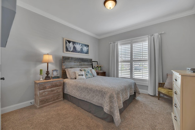 carpeted bedroom featuring crown molding