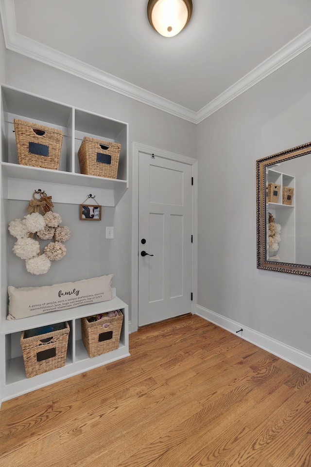 mudroom with light hardwood / wood-style floors and crown molding