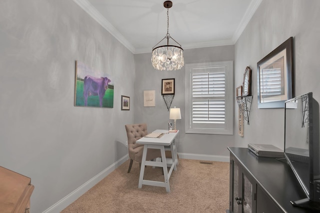 home office featuring light carpet, ornamental molding, and a notable chandelier