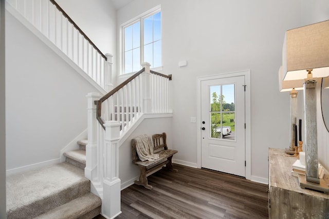 foyer entrance with dark hardwood / wood-style flooring and a towering ceiling