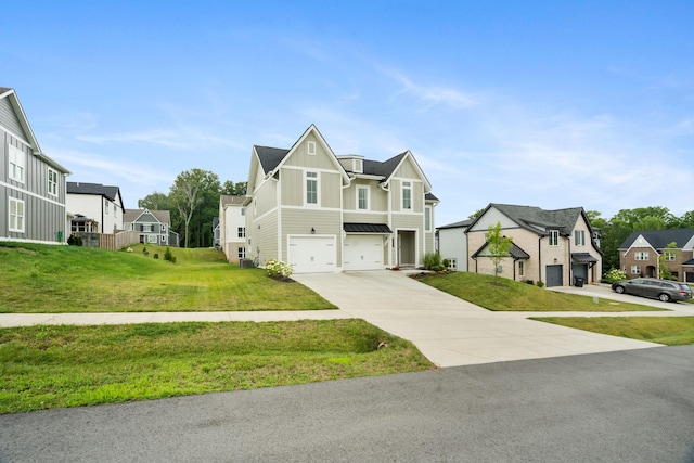 view of front of home featuring a front yard, a garage, and central AC unit