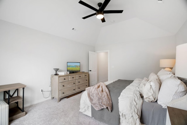 bedroom featuring light carpet, ceiling fan, and lofted ceiling