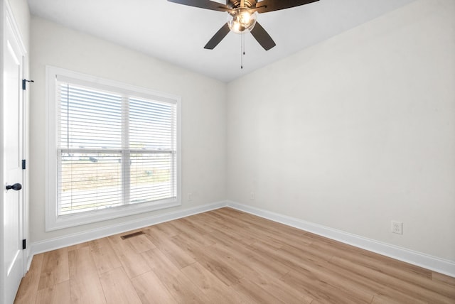 empty room featuring ceiling fan and light hardwood / wood-style flooring