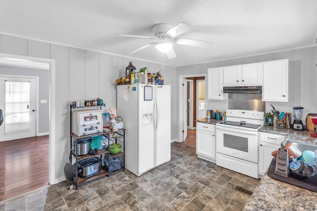 kitchen featuring light stone countertops, a textured ceiling, white appliances, ceiling fan, and white cabinetry