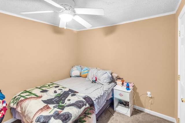 bedroom with a textured ceiling, light colored carpet, ceiling fan, and crown molding