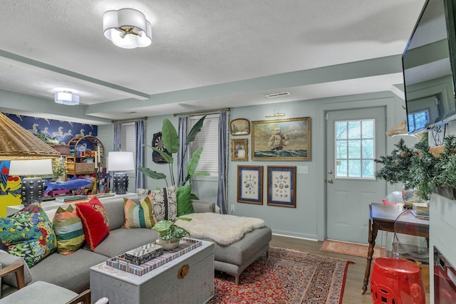 living room with hardwood / wood-style flooring and a textured ceiling