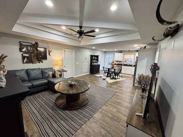 living room with a raised ceiling, ceiling fan, sink, and wood-type flooring