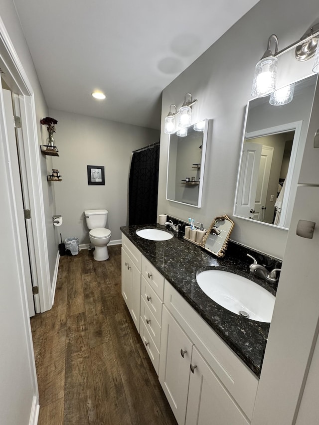 bathroom with wood-type flooring, vanity, and toilet