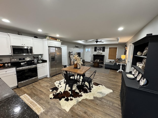 kitchen featuring stainless steel appliances, a raised ceiling, ceiling fan, white cabinets, and dark hardwood / wood-style floors