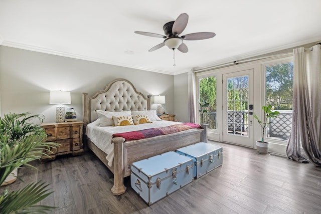 bedroom featuring dark hardwood / wood-style flooring, access to outside, ceiling fan, and crown molding