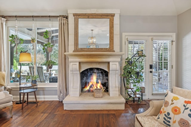 living area featuring a premium fireplace and dark hardwood / wood-style floors