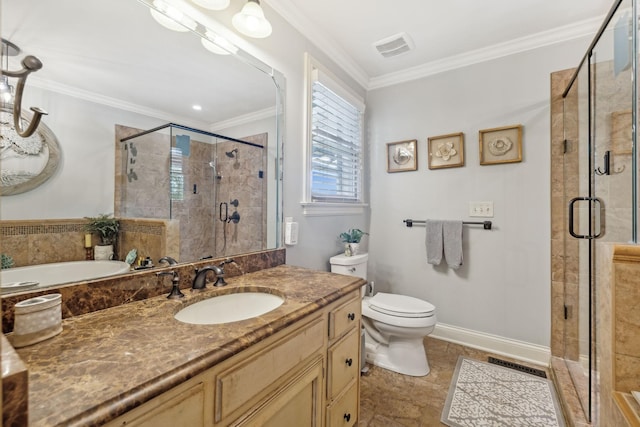 bathroom with vanity, toilet, a shower with door, and crown molding