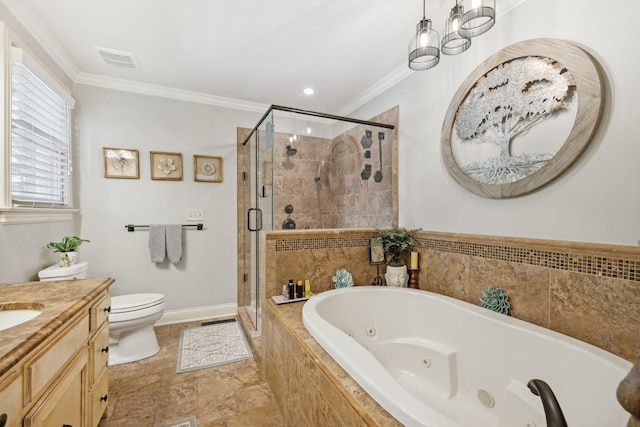 full bathroom featuring vanity, toilet, ornamental molding, and shower with separate bathtub