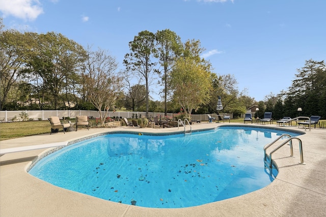 view of pool with a patio area and a diving board