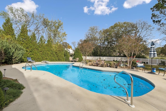 view of swimming pool with a diving board and a patio area