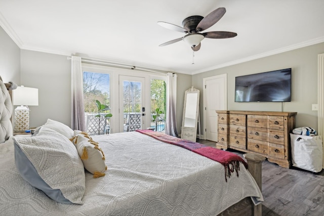 bedroom with hardwood / wood-style floors, access to outside, ceiling fan, and crown molding