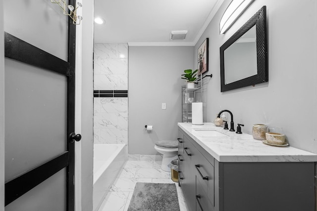 full bathroom featuring tiled shower / bath, toilet, vanity, and ornamental molding