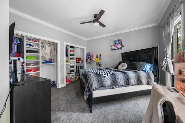 carpeted bedroom featuring ceiling fan and crown molding