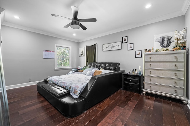 bedroom with dark hardwood / wood-style floors, ceiling fan, and crown molding