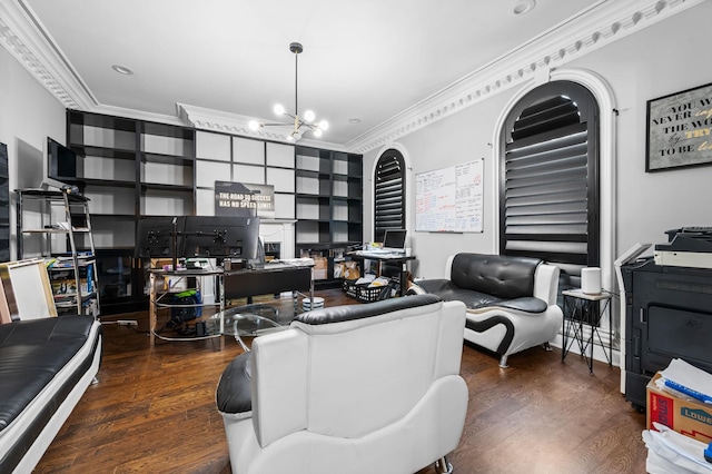 office with a notable chandelier and dark wood-type flooring