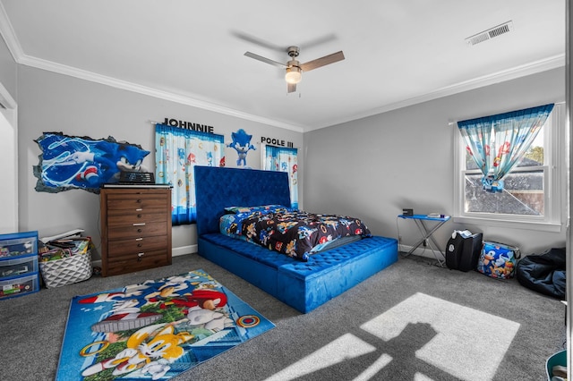 carpeted bedroom with ceiling fan and crown molding