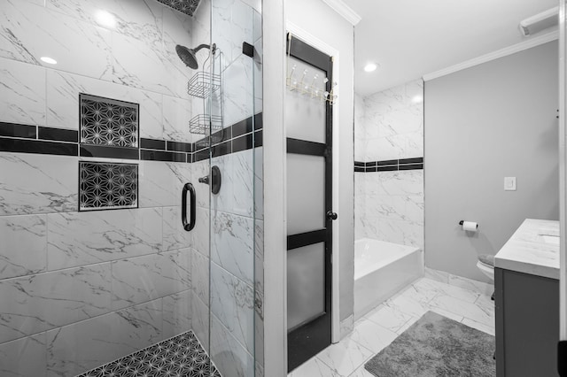 full bathroom with separate shower and tub, toilet, vanity, and ornamental molding