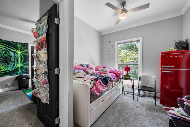 bedroom with carpet flooring, ceiling fan, ornamental molding, and fridge