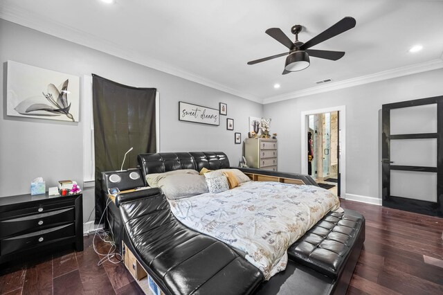 bedroom with ensuite bath, ceiling fan, and crown molding