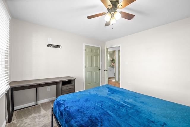 bedroom featuring carpet flooring and ceiling fan