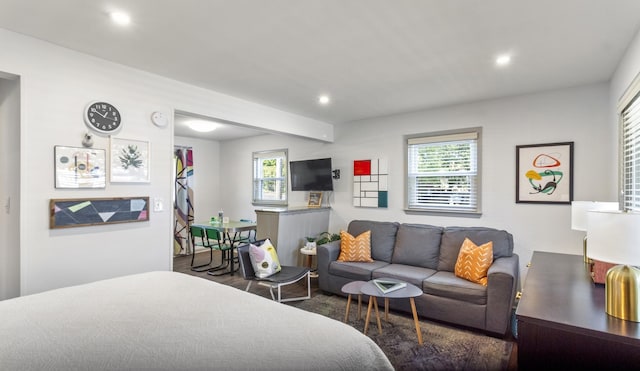 bedroom with dark hardwood / wood-style flooring