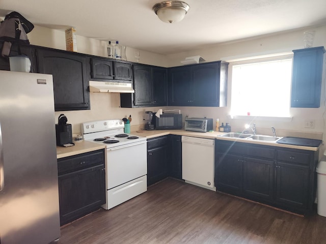 kitchen featuring dark hardwood / wood-style flooring, sink, and white appliances