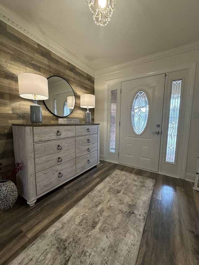 entryway featuring dark hardwood / wood-style flooring and wood walls