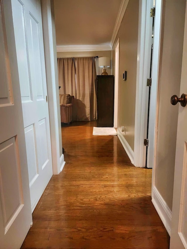 hallway featuring hardwood / wood-style floors and crown molding